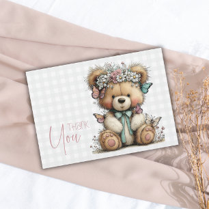 Elegant Plaid Teddy Floral Daisy Baby Shower  Thank You Card