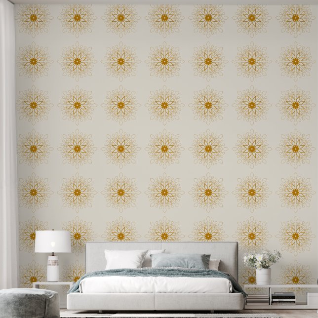 Elegant plaid white Gold Mandala pattern floral Wallpaper (Bedroom)