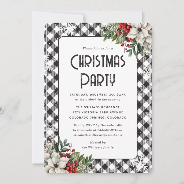 Elegant Plaid Winter Botanicals Christmas Party Invitation (Front)