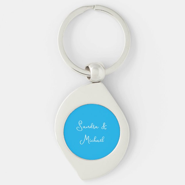 Elegant Plain Azure Blue Personalised Custom Key Ring (Front)