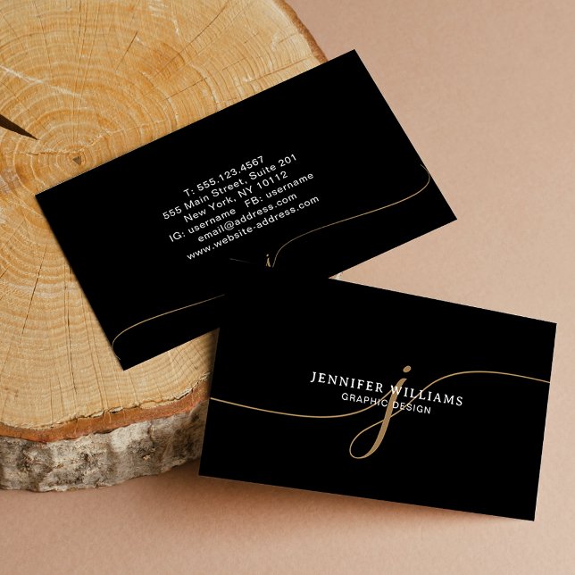 Elegant Plain Black and Gold Script Monogram Business Card (Creator Uploaded)