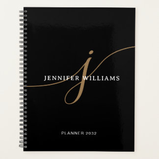 Elegant Plain Black and Gold Script Monogram Planner