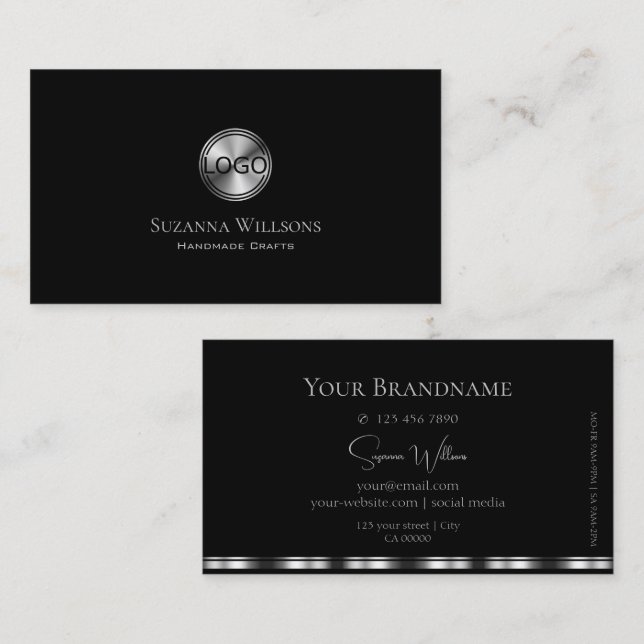 Elegant Plain Black and Silver with Logo Stylish Business Card (Front/Back)