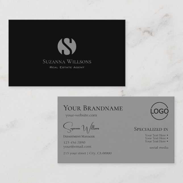 Elegant Plain Black Grey with Monogram and Logo Business Card (Front/Back)