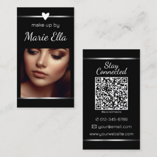 Elegant Plain Black Silver Heart Photo and QR Code Business Card