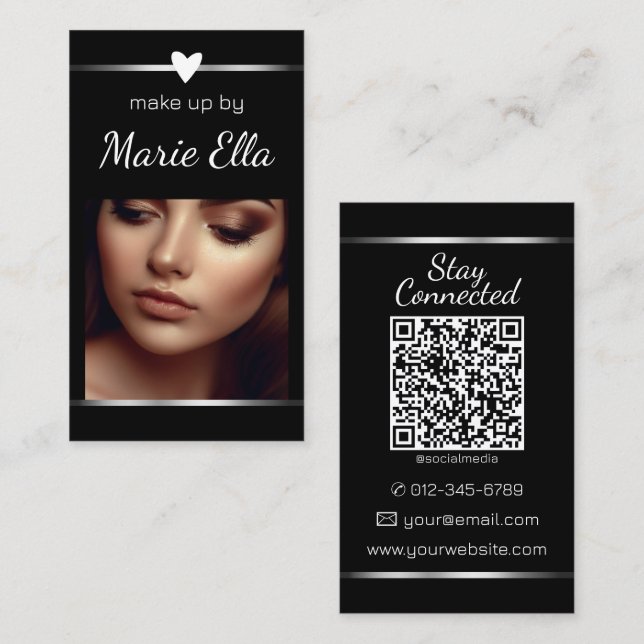Elegant Plain Black Silver Heart Photo and QR Code Business Card (Front/Back)