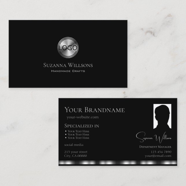 Elegant Plain Black Silver with Logo and Photo Business Card (Front/Back)