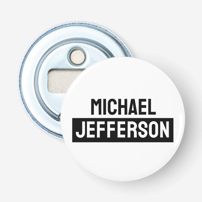 Elegant Plain Black White Personalised Custom Bottle Opener (Front)