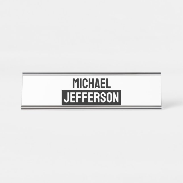 Elegant Plain Black White Personalised Custom Desk Name Plate (Front)
