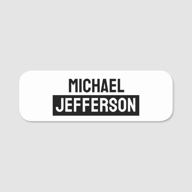 Elegant Plain Black White Personalised Custom Name Tag (Front)