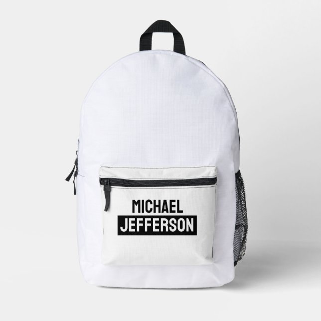 Elegant Plain Black White Personalised Custom Printed Backpack (Front)