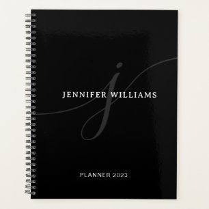 Elegant Plain Black White Silver Script Monogram Planner
