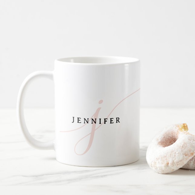 Elegant Plain Blush Pink White Script Monogram Coffee Mug (With Donut)
