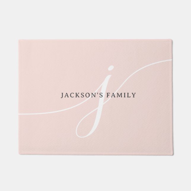 Elegant Plain Blush Pink White Script Monogram Doormat (Front)