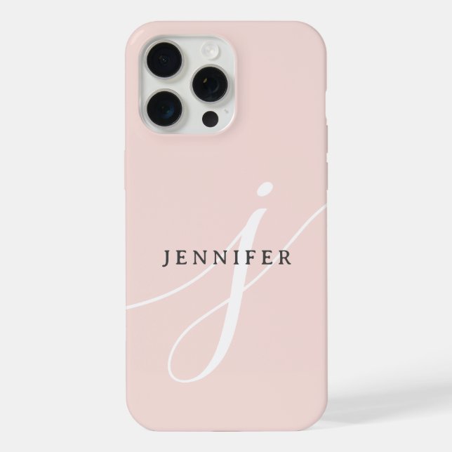 Elegant Plain Blush Pink White Script Monogram iPhone Case (Back)