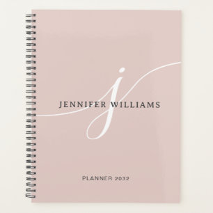 Elegant Plain Blush Pink White Script Monogram Planner