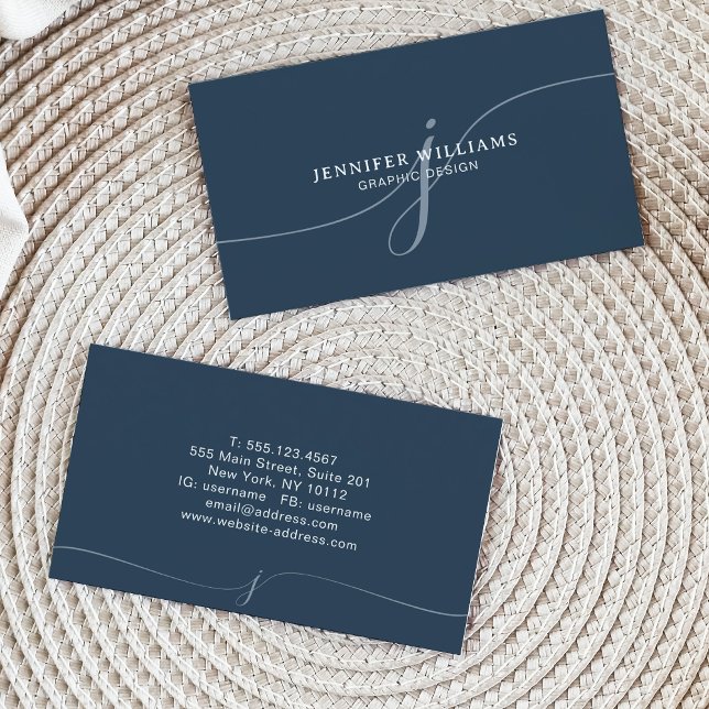 Elegant Plain Dusty Navy Blue Script Monogram Business Card (Creator Uploaded)