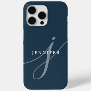 Elegant Plain Dusty Navy Blue Script Monogram iPhone 15 Pro Max Case