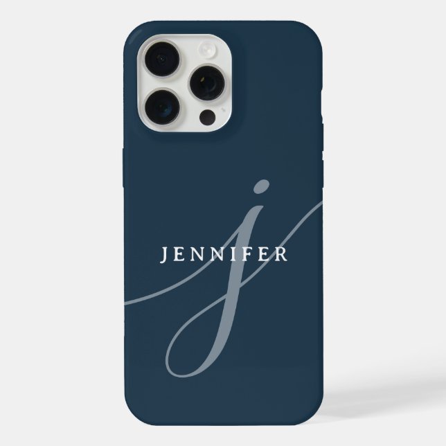 Elegant Plain Dusty Navy Blue Script Monogram iPhone Case (Back)