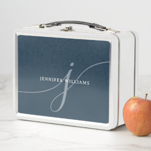 Elegant Plain Dusty Navy Blue Script Monogram Metal Lunch Box