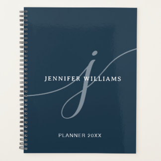 Elegant Plain Dusty Navy Blue Script Monogram Planner