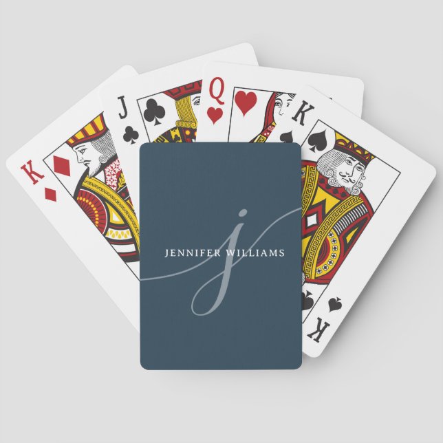 Elegant Plain Dusty Navy Blue Script Monogram Playing Cards (Back)