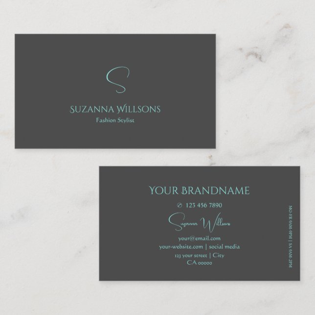 Elegant Plain Grey and Teal with Monogram Stylish Business Card (Front/Back)