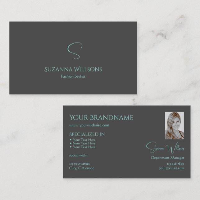 Elegant Plain Grey Teal with Monogram and Photo Business Card (Front/Back)