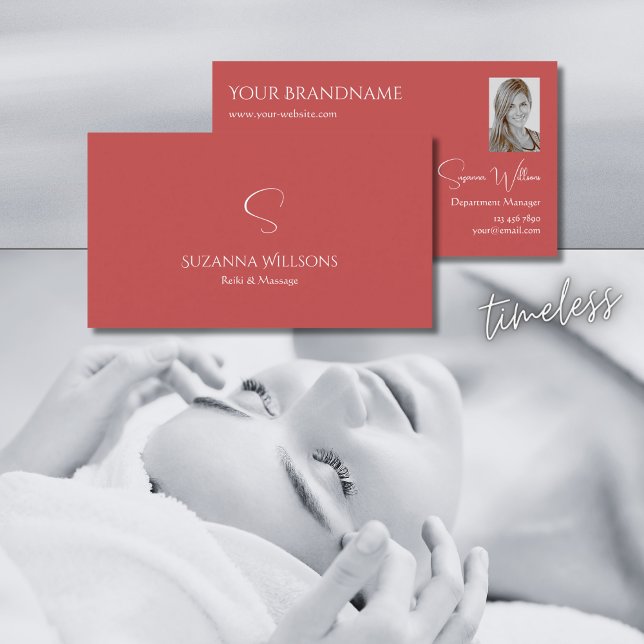 Elegant Plain Indian Red with Monogram and Photo Business Card (Creator Uploaded)
