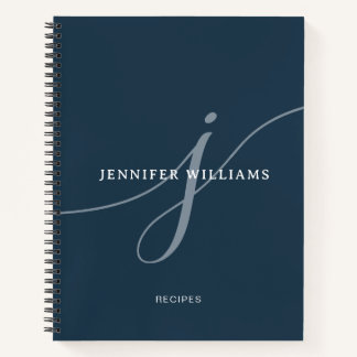 Elegant Plain Navy Blue Script Monogram Recipe Notebook
