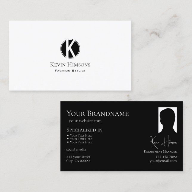 Elegant Plain White Black with Monogram and Photo Business Card (Front/Back)