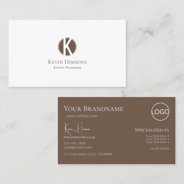 Elegant Plain White Brown with Monogram and Logo Business Card (Front/Back)