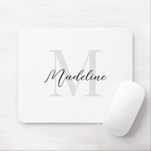 Elegant Plain White Script Calligraphy Monogram Mouse Pad