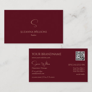 Elegant Plain Wine Red with Monogram and QR-Code Business Card