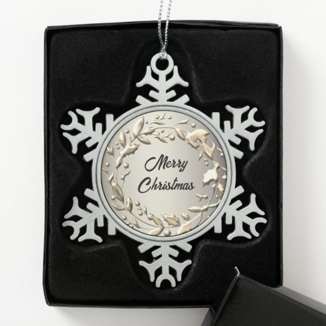Elegant Platinum Metallic Wreath Merry Christmas  Snowflake Pewter Christmas Ornament (Box)