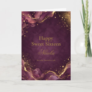 Elegant Plum and Gold Alcohol Ink Sweet Sixteen Card