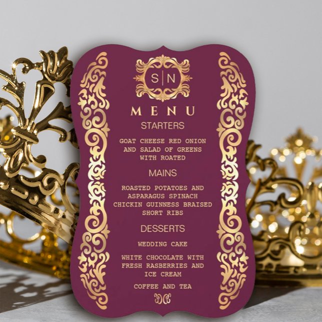Elegant Plum and Gold Frame Wedding Menu (#zazzlemade #royal #redandgold #goldframe #luxury #vintagegoldframe #illustratorgoldframe #origena)