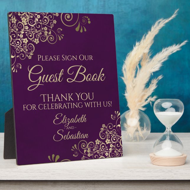 Elegant Plum and Gold Sign Our Guest Book Wedding Plaque (Side)