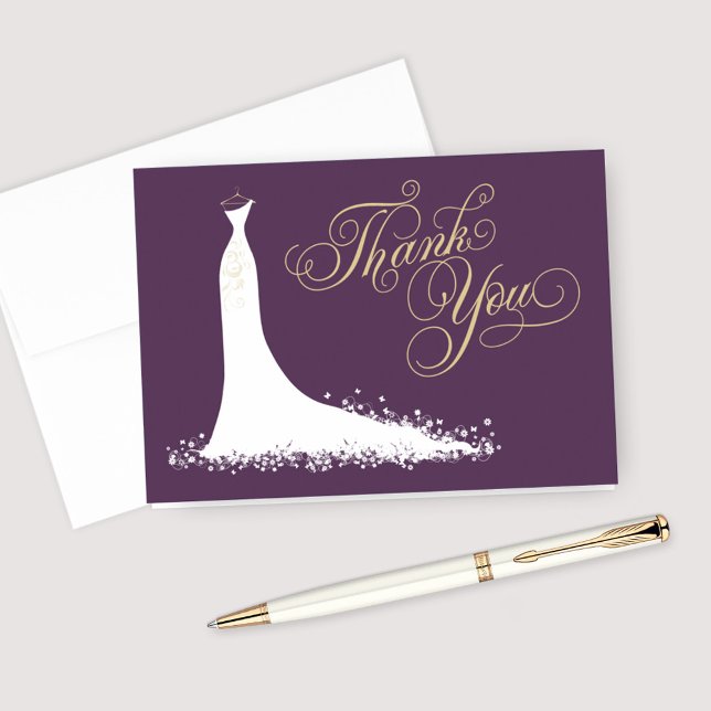 Elegant Plum and Gold Wedding Gown Bridal Shower Thank You Card (Creator Uploaded)