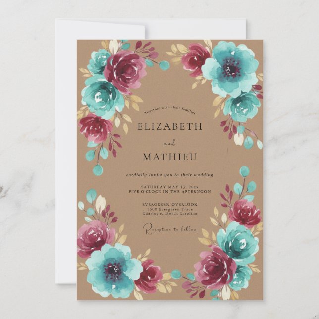 Elegant Plum Aqua Blossom Wedding Invitation (Front)