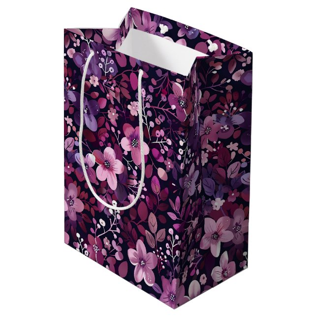 Elegant Plum & Berry Floral  Medium Gift Bag (Back Angled)