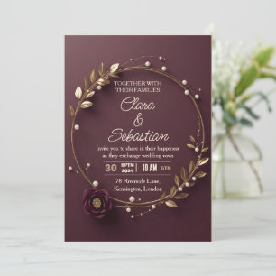 Elegant Plum Burgundy Gold Floral Pearl Wedding In Invitation