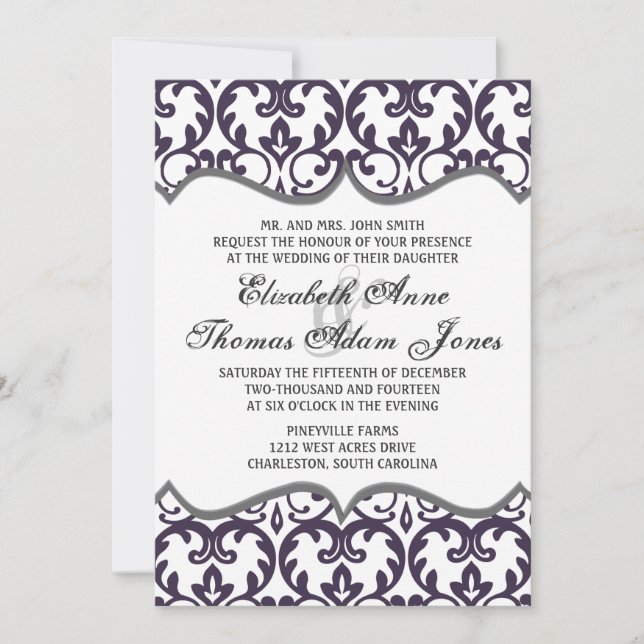 Elegant Plum Damask Heart Wedding Invitation (Front)