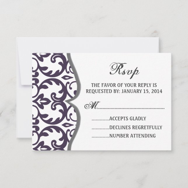 Elegant Plum Damask Heart Wedding RSVP Card (Front)