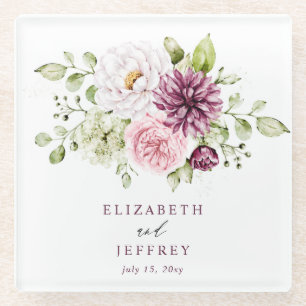 Elegant Plum Floral Fall Winter Wedding Glass Coaster