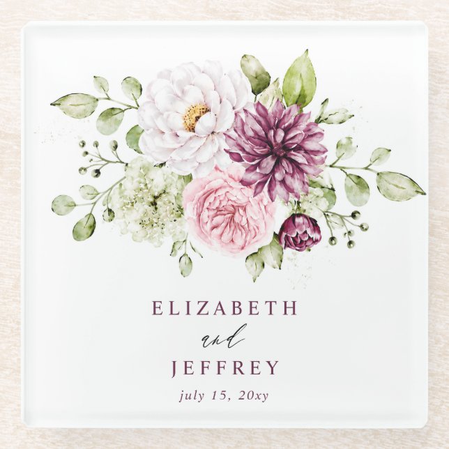 Elegant Plum Floral Fall Winter Wedding Glass Coaster (Front)