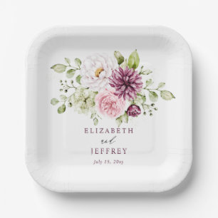 Elegant Plum Floral Fall Winter Wedding Paper Plate