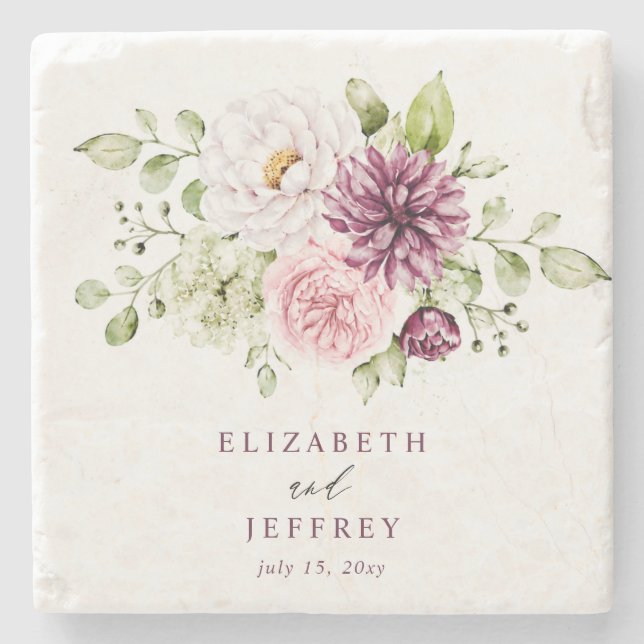 Elegant Plum Floral Fall Winter Wedding Stone Coaster (Front)