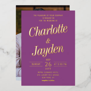 Elegant Plum Foil Script Photo Wedding