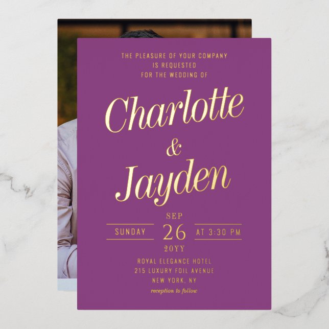Elegant Plum Foil Script Photo Wedding (Front/Back)